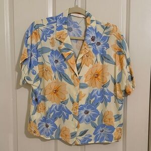 Lush Floral Women's Top - Cream, Blue, and Orange